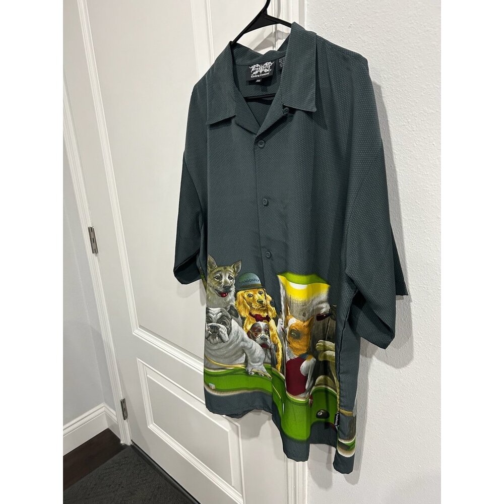 Dragonfly Dogs Playing Billiards Button Front Shirt Gray Green Sz XXL Novelty - Picture 3 of 10